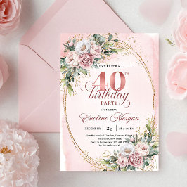 Chic Boho Dusty Pink Floral 40th Birthday Invite 招待状