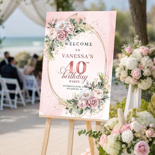 Chic Boho Dusty Pink Floral 40th Birthday Welcome ポスター