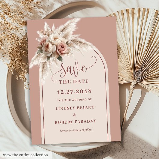 Chic Boho Dusty Pink Floral Arch Save the Date 招待状