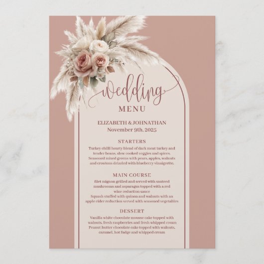 Chic Boho Dusty Pink Pampas Floral Wedding Menu メニュー (正面)