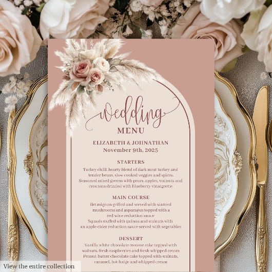 Chic Boho Dusty Pink Pampas Floral Wedding Menu メニュー