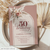 Chic Boho Dusty Rose Pampas Floral Fifty Birthday 招待状