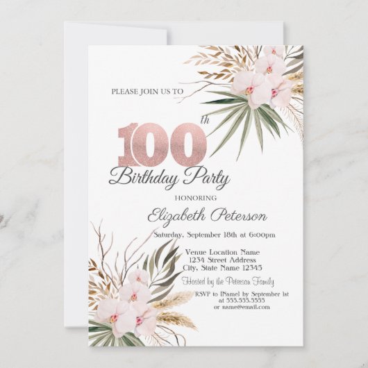 Chic Boho Flowers 100th Birthday 招待状 (正面)