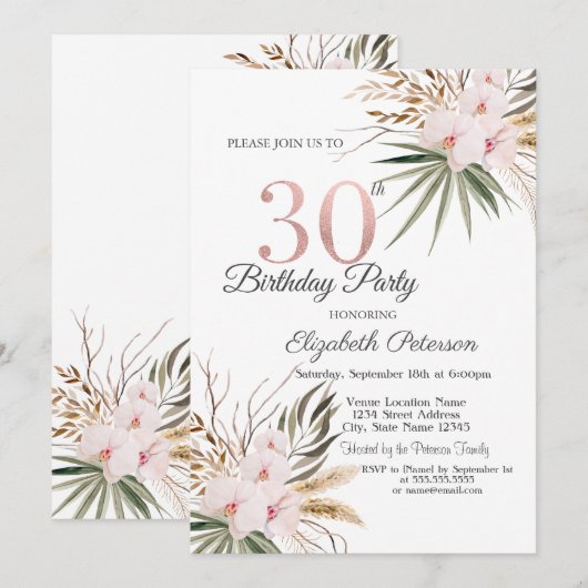 Chic Boho Flowers 30th Birthday 招待状 (正面/裏面)