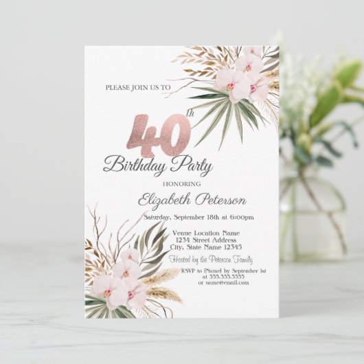 Chic Boho Flowers 40th Birthday 招待状 (スタンド正面)