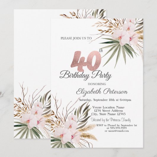 Chic Boho Flowers 40th Birthday 招待状 (正面/裏面)