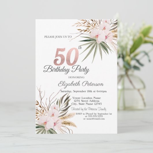 Chic Boho Flowers 50th Birthday 招待状 (スタンド正面)
