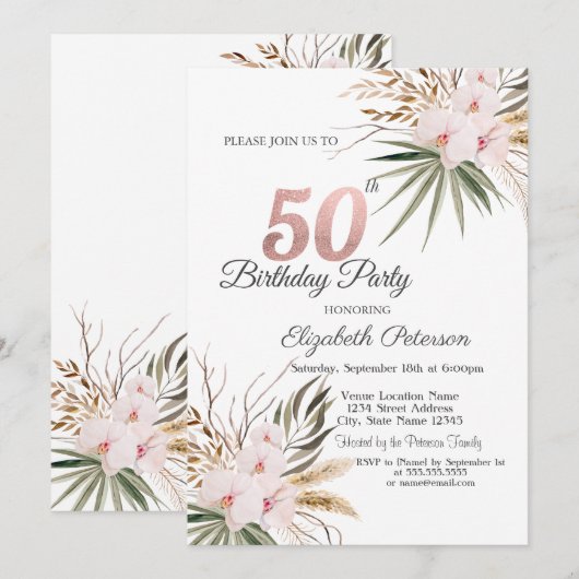 Chic Boho Flowers 50th Birthday 招待状 (正面/裏面)