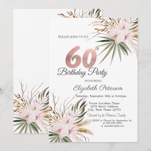 Chic Boho Flowers 60th Birthday 招待状 (正面/裏面)