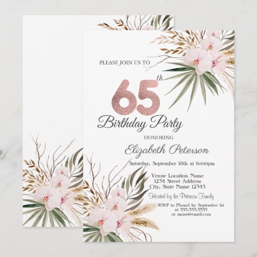 Chic Boho Flowers 65th Birthday 招待状 (正面/裏面)