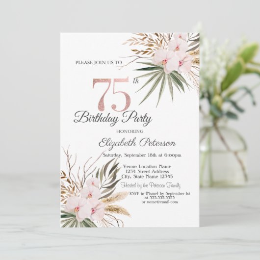 Chic Boho Flowers 75th Birthday 招待状 (スタンド正面)