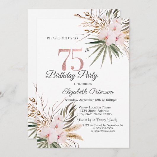 Chic Boho Flowers 75th Birthday 招待状 (正面/裏面)