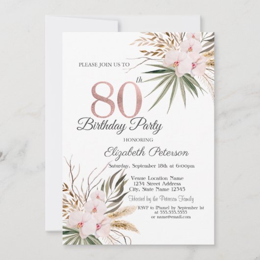 Chic Boho Flowers 80th Birthday 招待状 (正面)