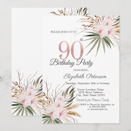 Chic Boho Flowers 90th Birthday 招待状 (正面/裏面)