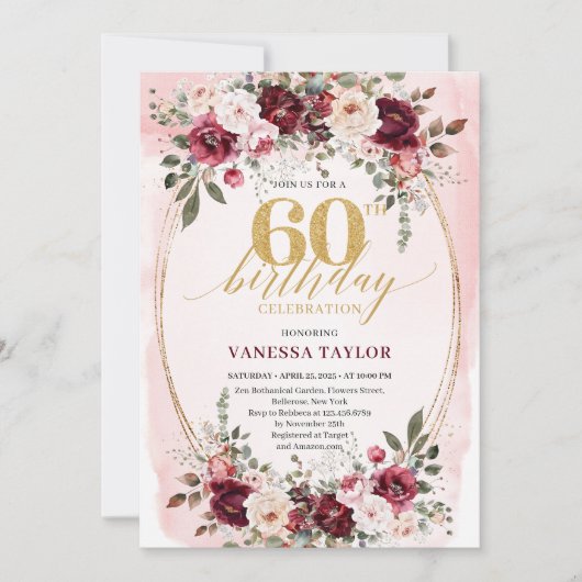 Chic Boho Maroon Gold Floral 60th Birthday Invite 招待状 (正面)