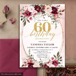 Chic Boho Maroon Gold Floral 60th Birthday Invite 招待状