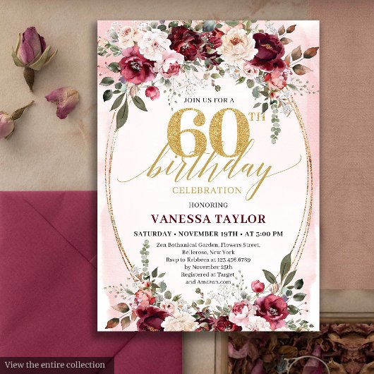 Chic Boho Maroon Gold Floral 60th Birthday Invite 招待状