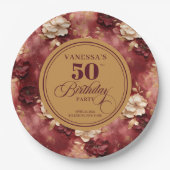 Chic Boho Marsala Blush Gold 50th Birthday  ペーパープレート (正面)
