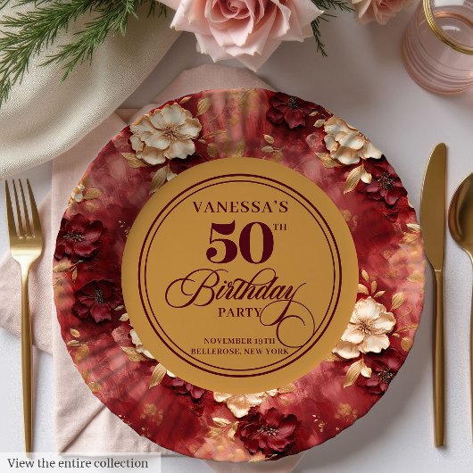 Chic Boho Marsala Blush Gold 50th Birthday  ペーパープレート