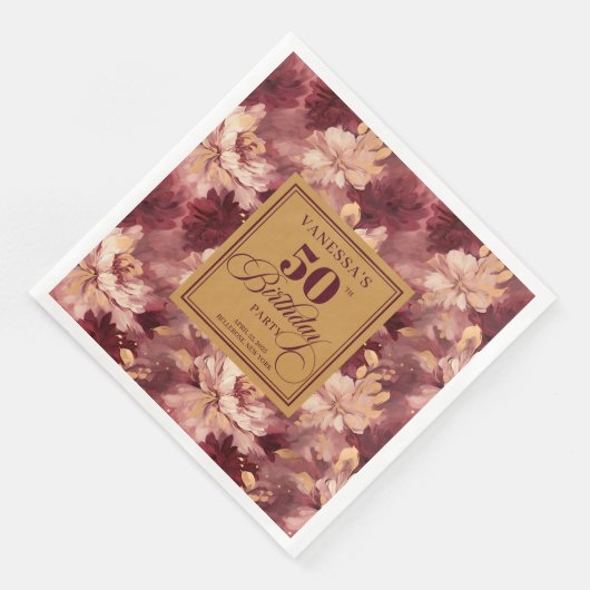 Chic Boho Marsala Blush Gold 50th Birthday Napkin (コーナー)