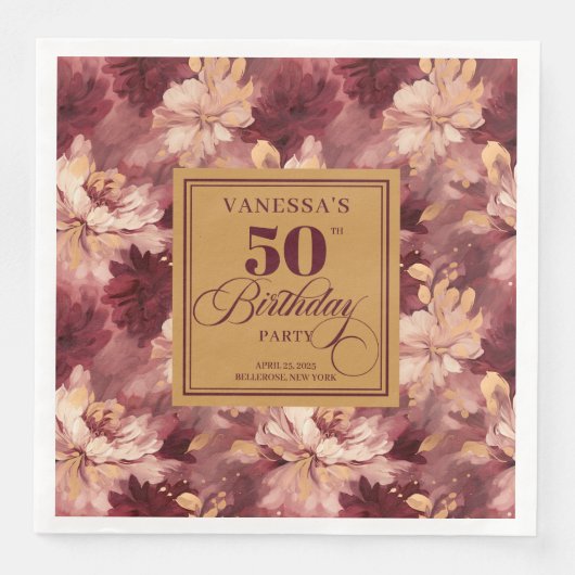 Chic Boho Marsala Blush Gold 50th Birthday Napkin (正面)