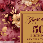 Chic Boho Marsala Blush Gold Flowers 50th Birthday ゲストブック