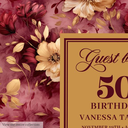 Chic Boho Marsala Blush Gold Flowers 50th Birthday ゲストブック