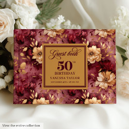 Chic Boho Marsala Blush Gold Flowers 50th Birthday ゲストブック