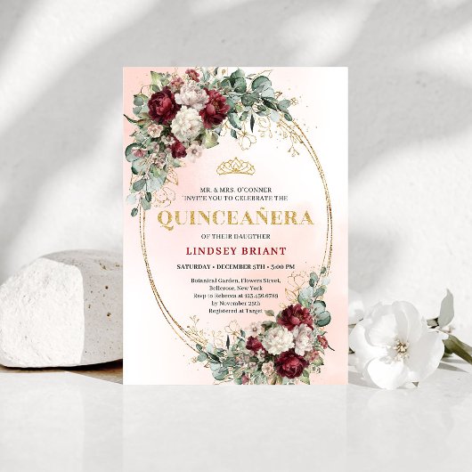 Chic Boho Marsala Flowers 15th Birthday Invitation 招待状