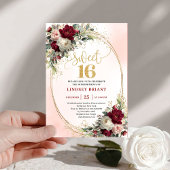 Chic Boho Marsala Gold Floral 16th Birthday Invite 招待状