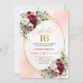 Chic boho marsala gold floral sweet sixteen party  招待状 (正面)