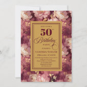 Chic Boho Marsala Gold Flowers 50th Birthday 招待状 (正面)