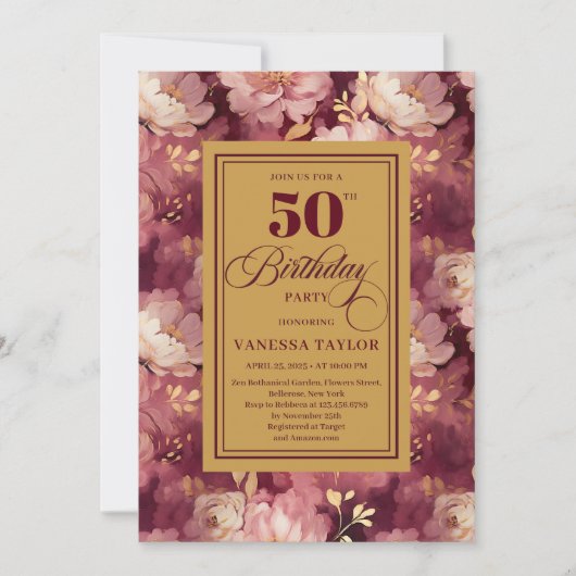 Chic Boho Marsala Gold Flowers 50th Birthday  招待状 (正面)