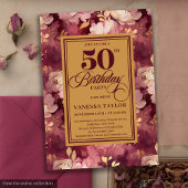 Chic Boho Marsala Gold Flowers 50th Birthday  招待状
