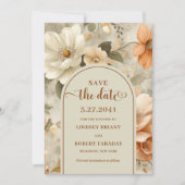 Chic Boho Neutral Beige Olive Floral Save the Date 招待状 (正面)