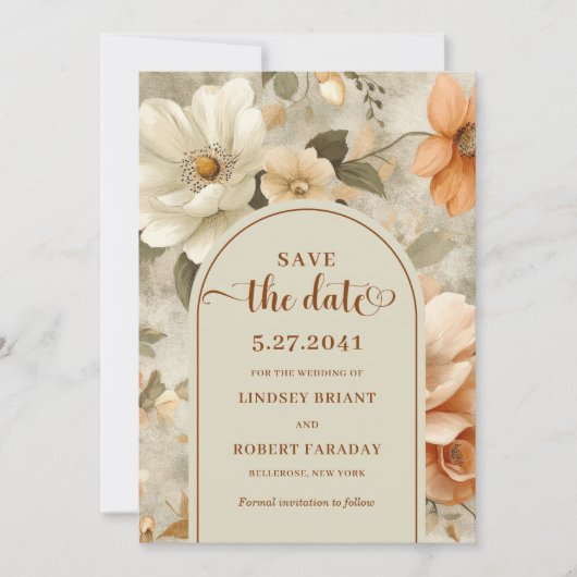 Chic Boho Neutral Beige Olive Floral Save the Date 招待状 (正面)