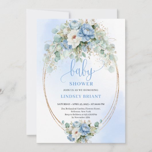 Chic Boho Pastel Blue Flowers Baby Shower Invites 招待状 (正面)