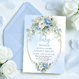 Chic Boho Pastel Blue Flowers Baby Shower Invites 招待状