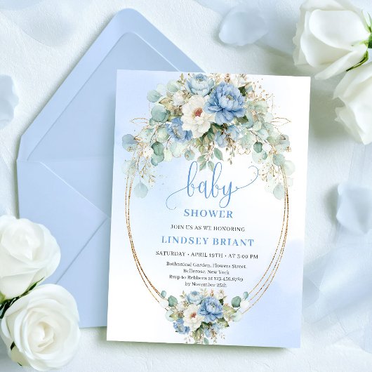 Chic Boho Pastel Blue Flowers Baby Shower Invites 招待状