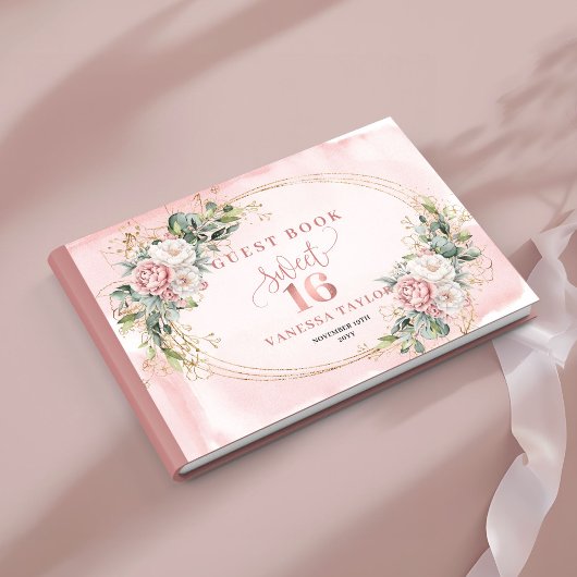 Chic Boho Pink Floral Greenery 16th Birthday Sign ゲストブック