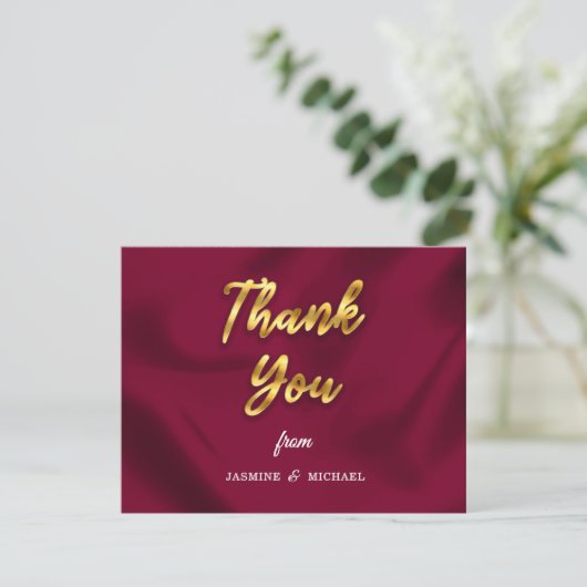 Chic Boho Rustic Burgundy and Gold Script Wedding サンキューカード (スタンド正面)