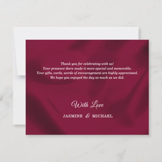 Chic Boho Rustic Burgundy and Gold Script Wedding サンキューカード (裏面)