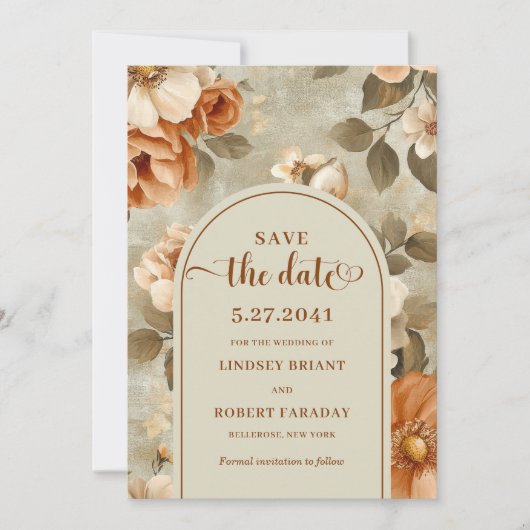 Chic Boho Terra Cotta Beige Floral Save The Date 招待状 (正面)