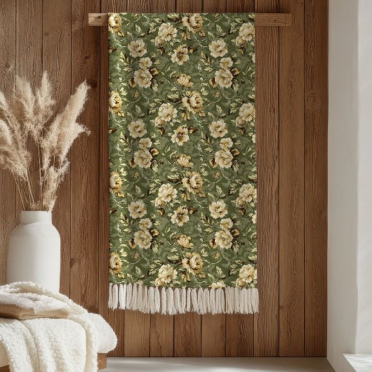 Chic Botanical Blanket Sage Green and Gold Style フリースブランケット