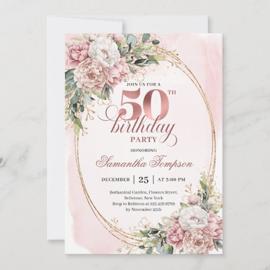 Chic Botanical Blush 50th Birthday Party Invites 招待状 (正面)