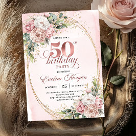 Chic Botanical Blush 50th Birthday Party Invites 招待状