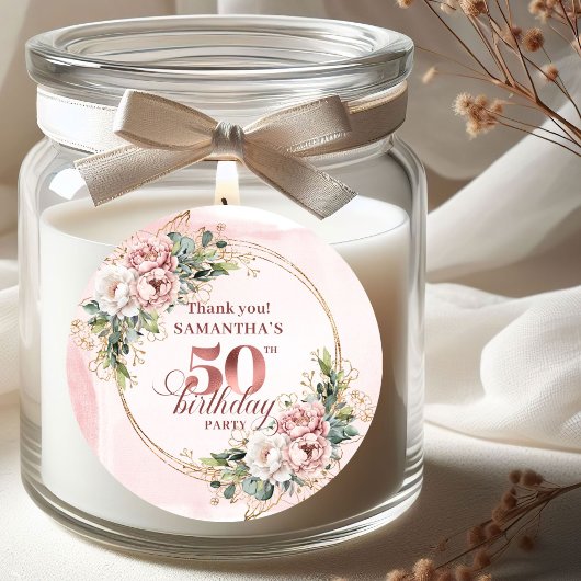 Chic Botanical Blush Pink 50th Birthday Stickers ラウンドシール