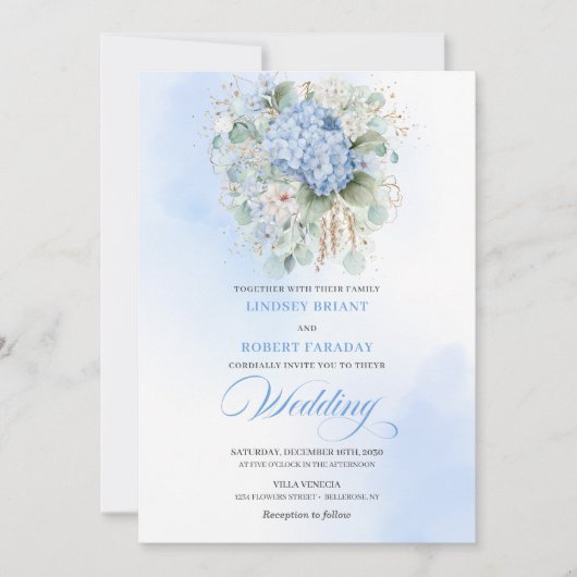 Chic Botanical Boho Pastel Blue Hydrangea Wedding 招待状 (正面)