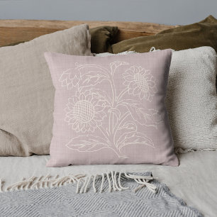Chic Botanical Ivory Sunflowers On Rose Blush Pink クッション
