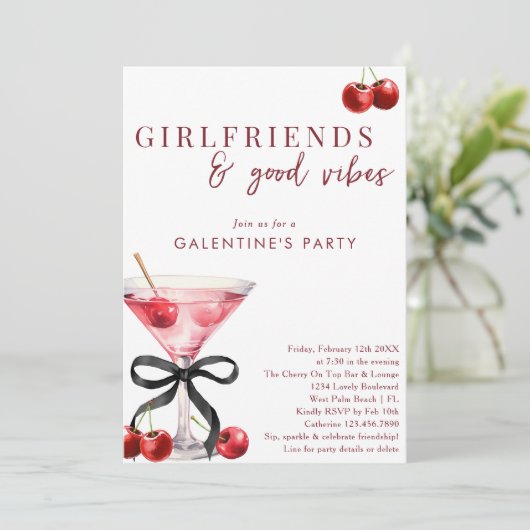 Chic Bow Cherry Martini Galentines Dinner Party 招待状 (スタンド正面)
